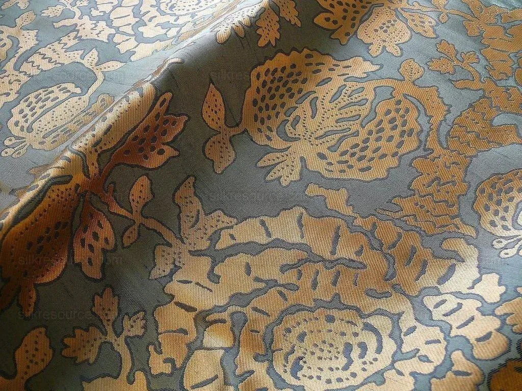 by yard 100% Silk Lampas Papercut Tree Of Life Pom "bijou Blue"