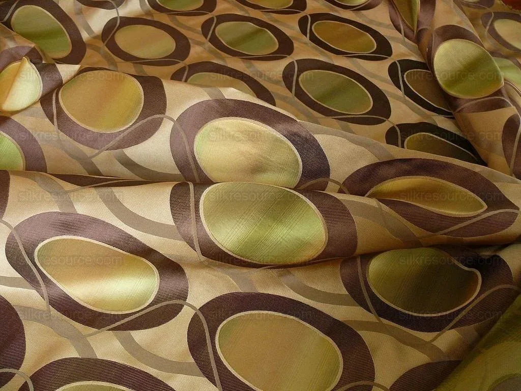 100% Silk Lampas Egg Mirror "loden" Khaki Green Brown Grey Gold