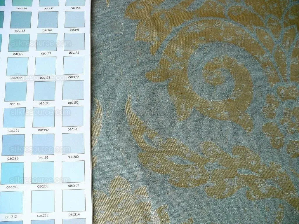 BY Yard 100% Silk Damask Large Stone Paisley "bluestone" Blue Aqua Gold Mid Century #1516