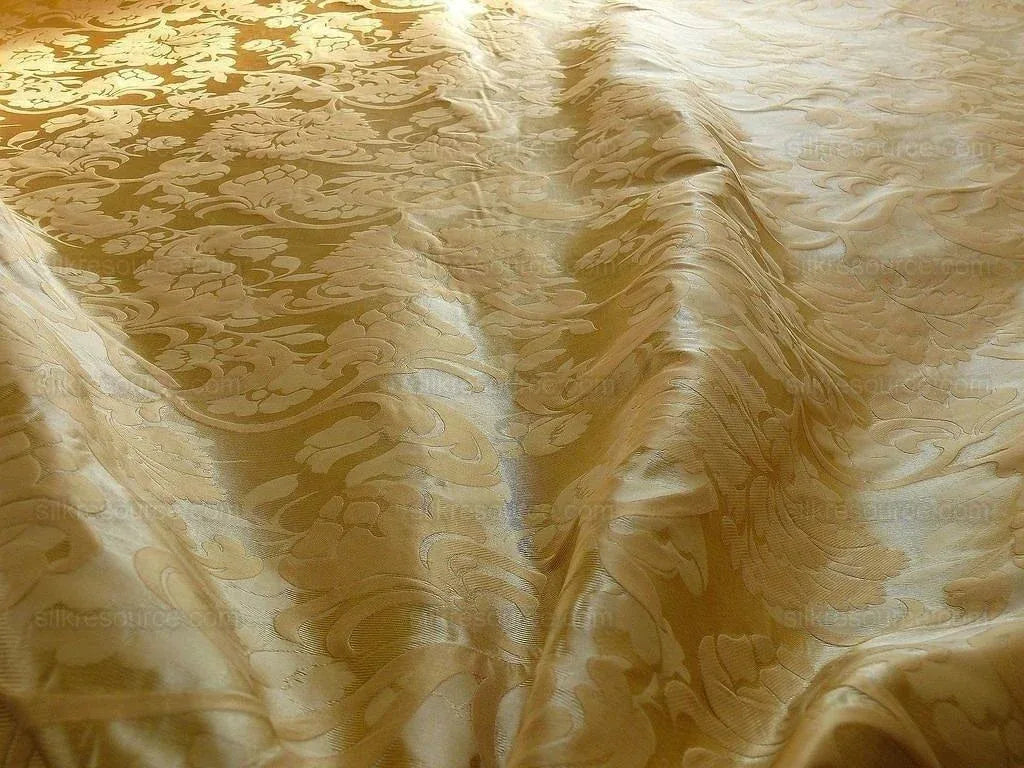 100% Silk Lampas Carnation Crewel "flaxen" Tan Gold Reversible Layered