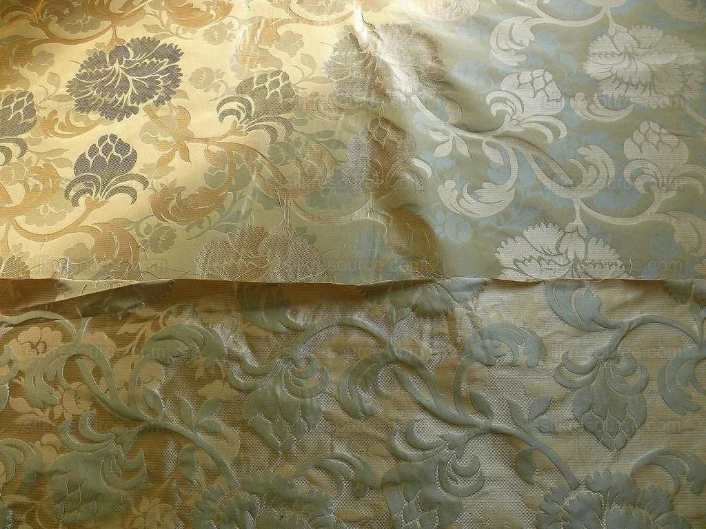 High End 100% Silk Lampas Carnation Crewel "water Blue" Gold Aqua Reversible Layered