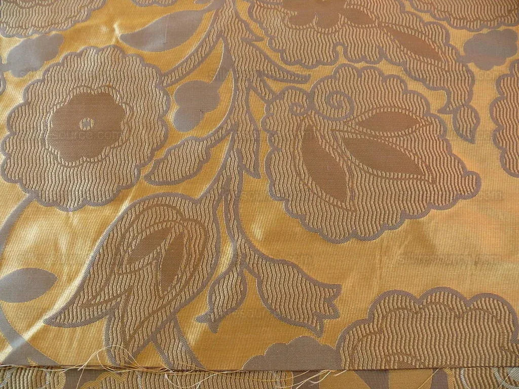 100% Silk Lampas Large Art Deco Flower Vine "sepia" Brown