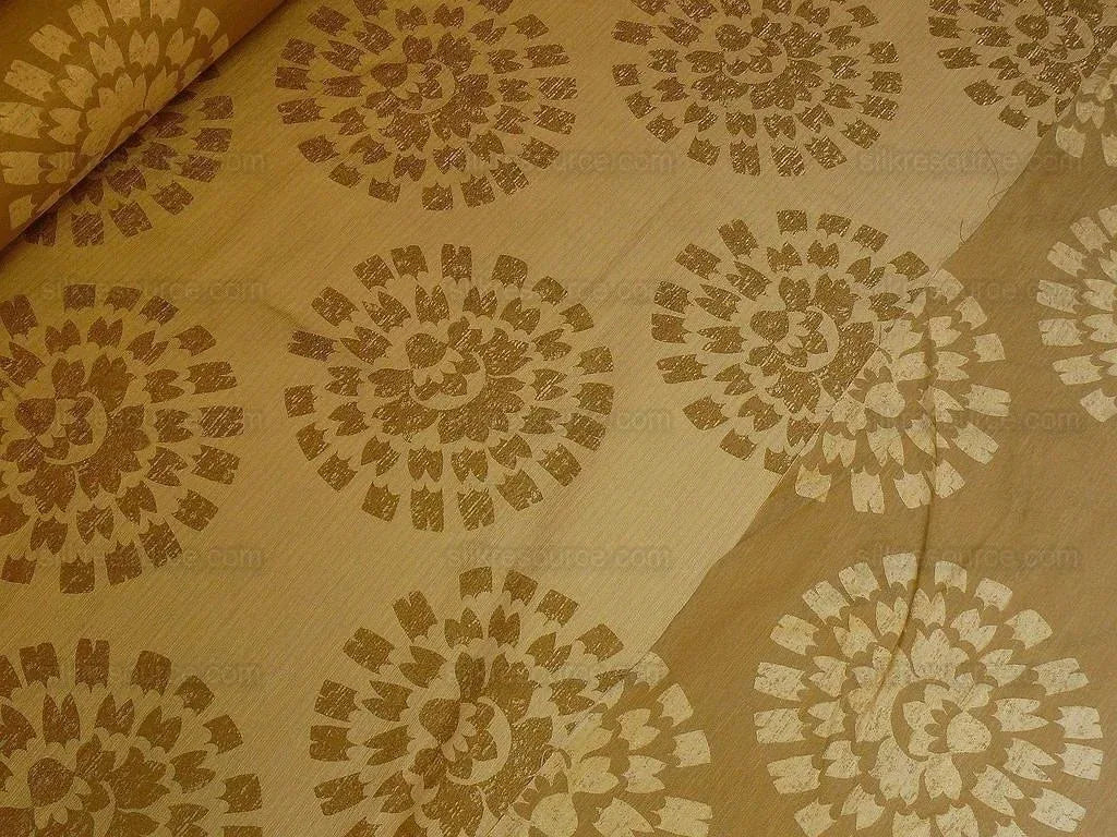 100% Silk Damask Large Modern Pinwheel Sunflower Daisy Sunburst "coin" Brown Gold Mid-Century Bty