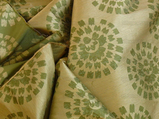 100% Silk Damask Large Modern Pinwheel Sunflower Daisy Sunburst "thyme" Green Beige Mid-Century Century Bty
