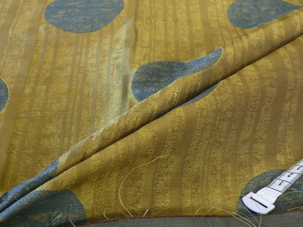 By Yd 100% Silk Damask Moon In Bamboo "twilight" Blue Gold