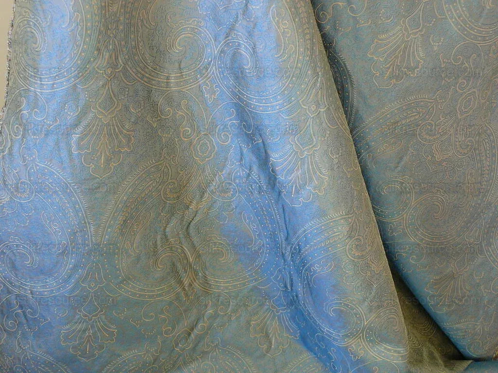 by yard Levant 100% Silk Fine Line Damask Lampas Paisley "dusk" Blue Brown Large Medallion Reversible