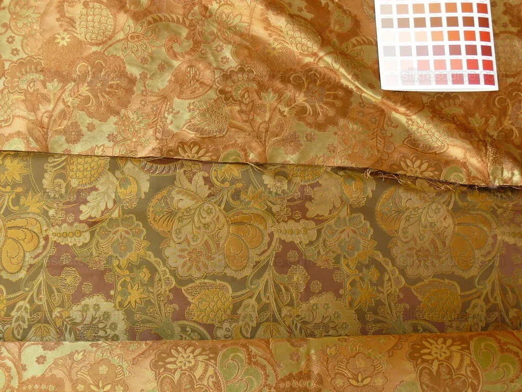 by yard 100% Silk Lampas Art Deco Flower Paisley "loden" Brown