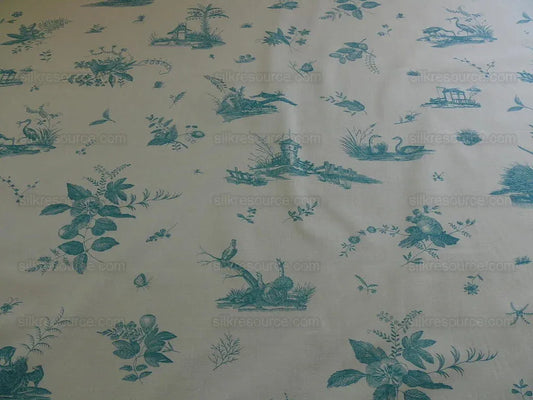 Brunschwig & Fils Chinoisere A L'americaine Toile Aqua Blue White Bird Animal Flora and Fauna from Mount Vernon Toile de jouy
