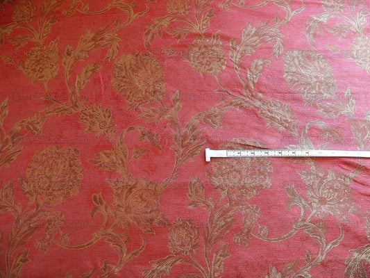 by yard 100% Silk Lampas Large Peony Paisley "pomegranate" Red Gold Bronze