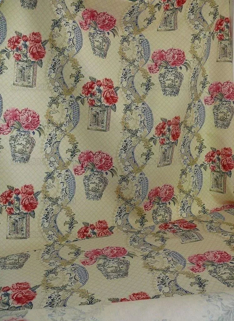 Travers Linen Print Asian Pink Peony Blue Porcelain
