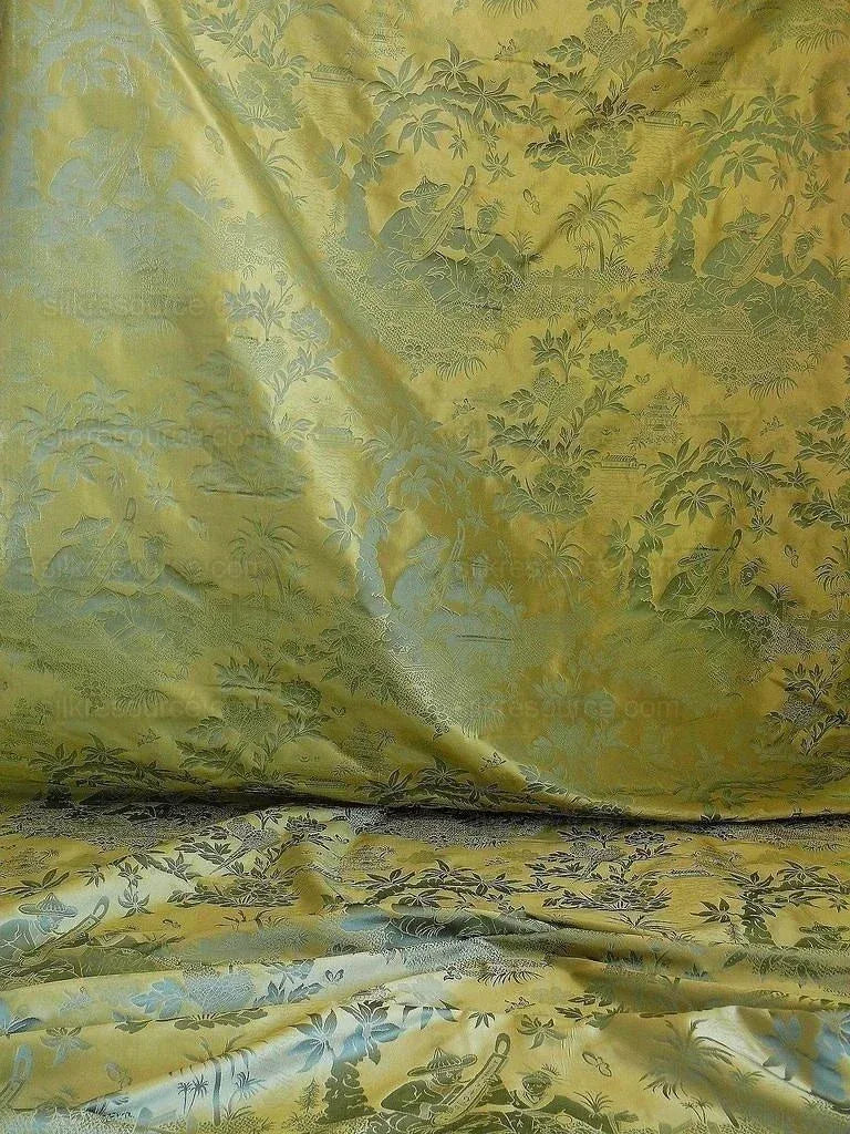 by yard 100% Silk Damask Chinoiserie Music Garden "myrtle" Turquoise Blue