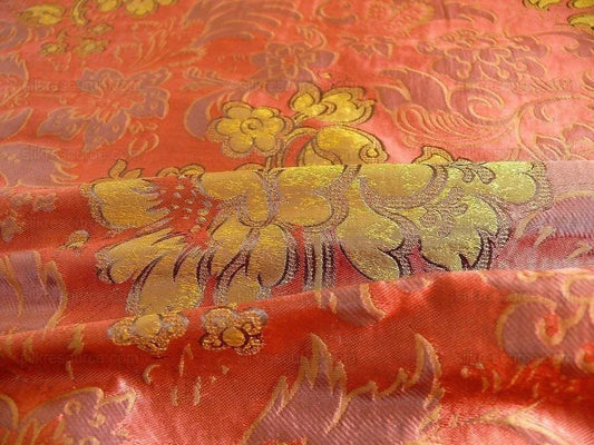 By Yd Hiend 100%silk Lampas Peony Bush "rust" Red Gold Yellow 560 Rust