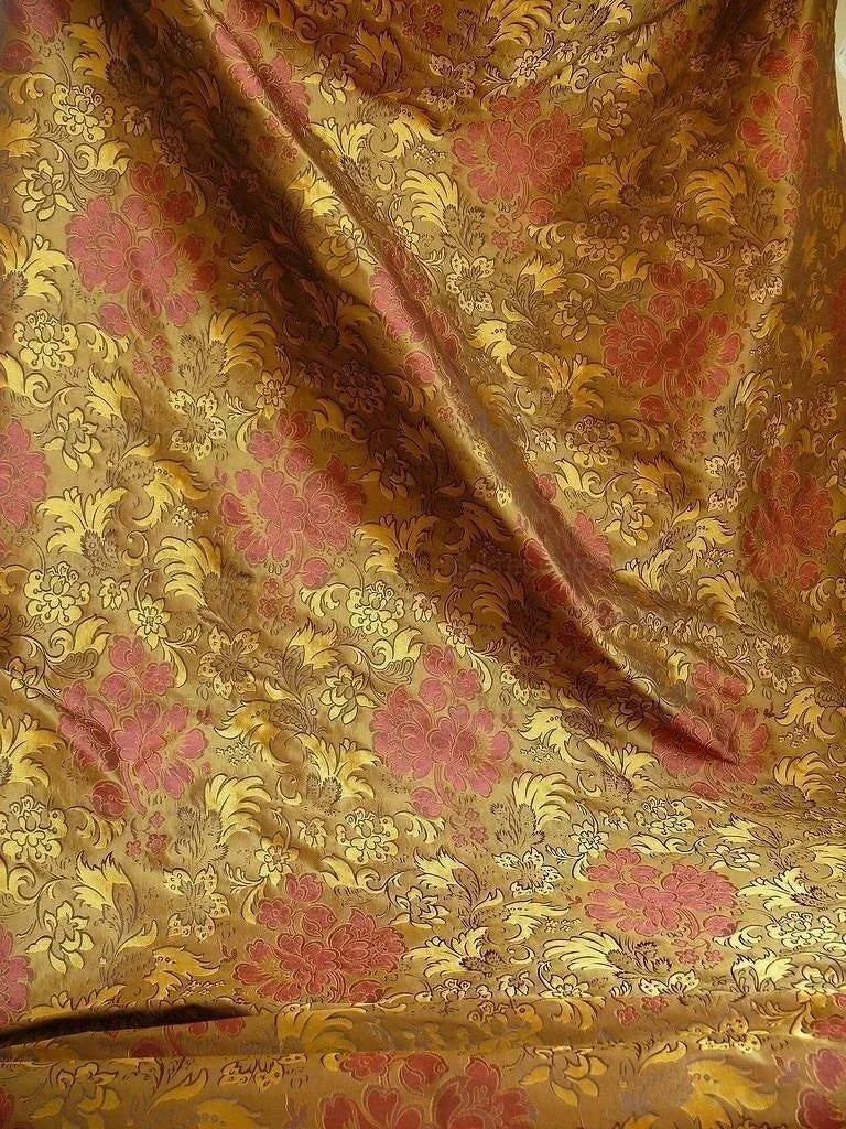 By Yd Hiend 100%silk Lampas Peony Bush "rust" Red Gold Yellow 560 Rust