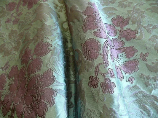 By Yd High End 100%silk Lampas Peony Bush "emerald" Green Purple Blue 560 Emerald