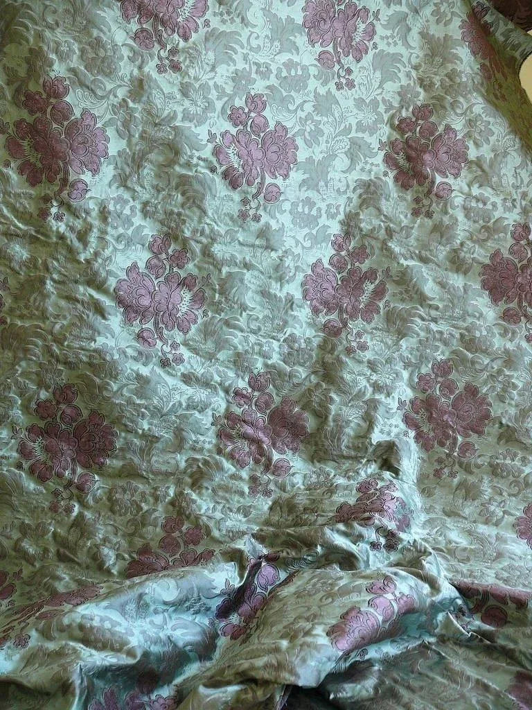 By Yd High End 100%silk Lampas Peony Bush "emerald" Green Purple Blue 560 Emerald