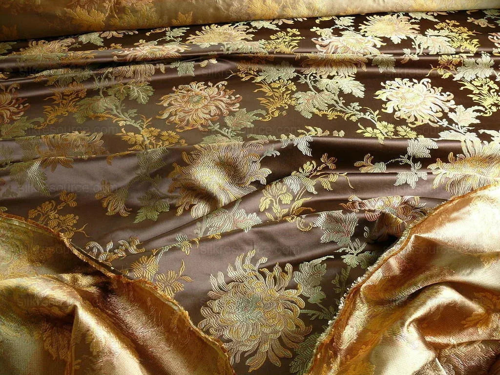 by yard 100% Silk Lampas Realistic Stemmed Chrysanthemums "branch" Brown