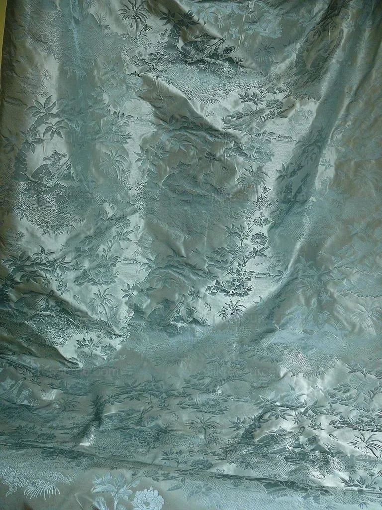 100% Silk Damask Chinoiserie Music Garden "aspen" Turquoise Bty