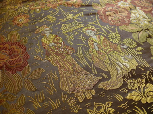 by yard 100%silk Lampas Madame Butterfly "sunflower" Brown Yellow Gold Custom Order