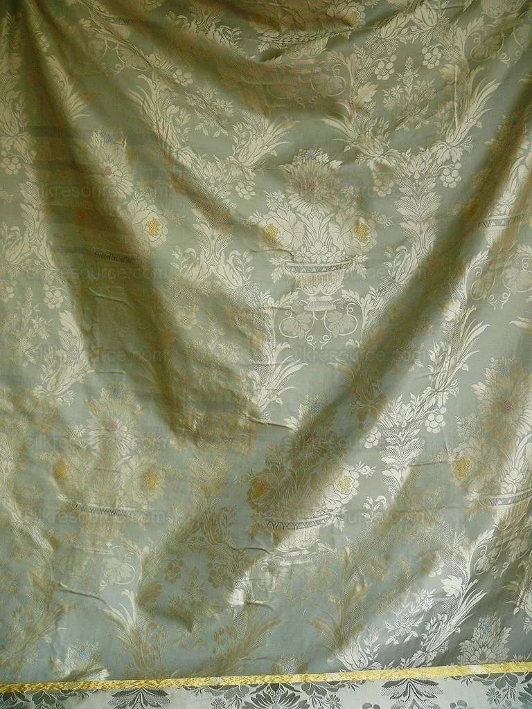 by yard HiEnd 100% silk Damask Lisere Renaissance Rose Urn "aspen" Blue