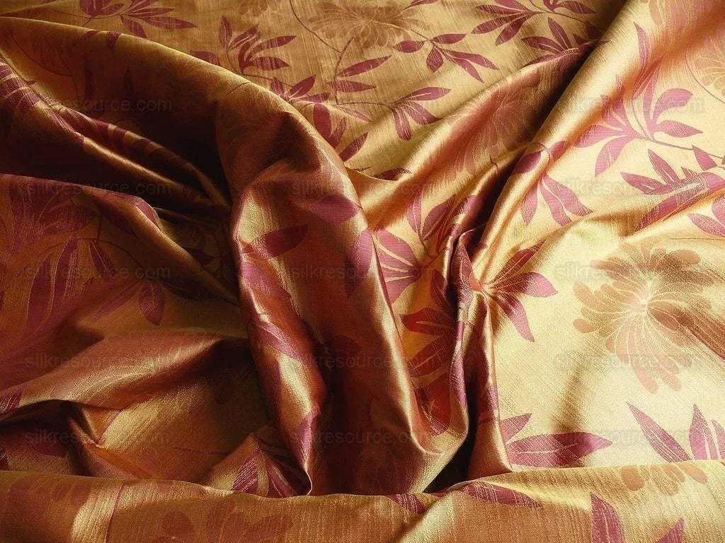 By yard 100% Silk Lampas Bali Breeze "garnet" Red Tropical Reversible