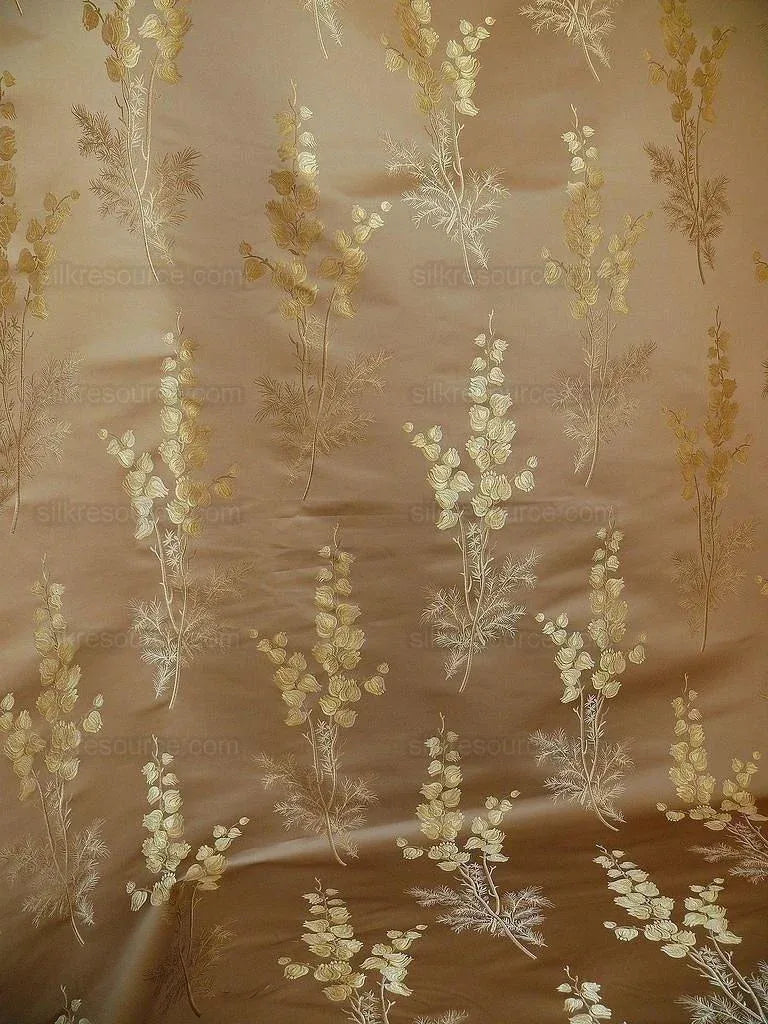 100% Silk Lampas Lily Of The Valley "wheat" Gold