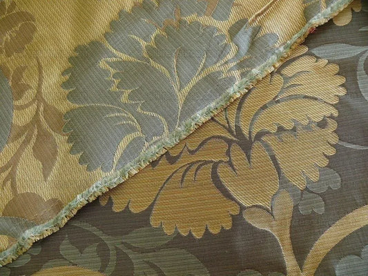 by yard 100% Silk Lampas Carnation Crewel "blue Rhapsody" Brown Gold Reversible Layered