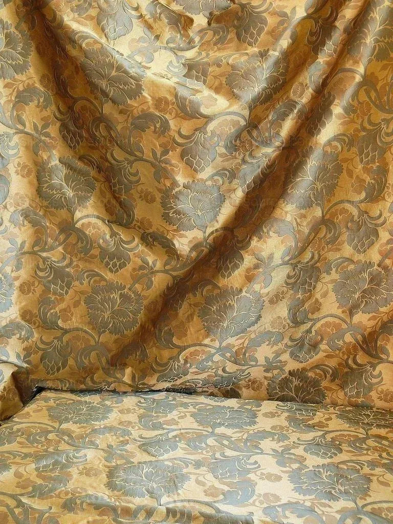by yard 100% Silk Lampas Carnation Crewel "blue Rhapsody" Brown Gold Reversible Layered