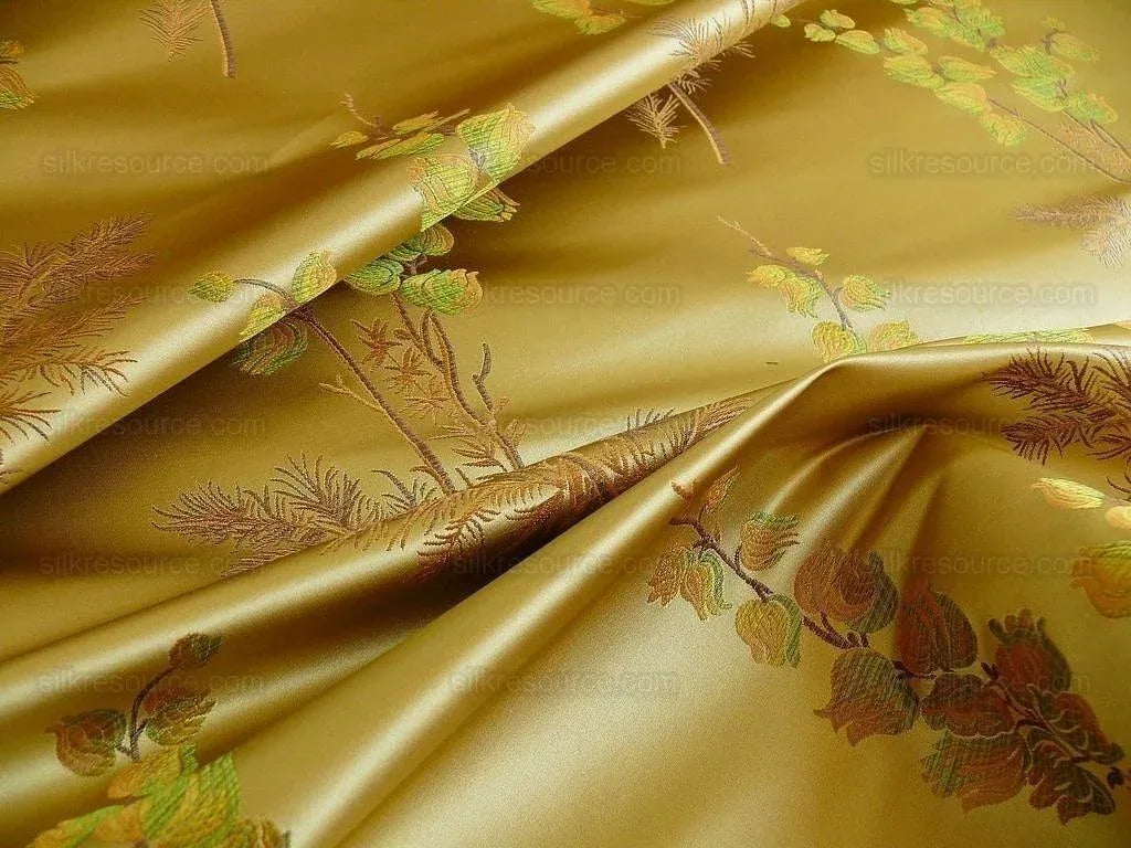 Schumacher 100% Silk Lampas Bell Flower "pine" Green Gold