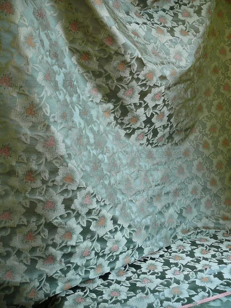 100% Silk Lampas Tri-leaf Flower "celadon" Turquoise Blue Red Pink