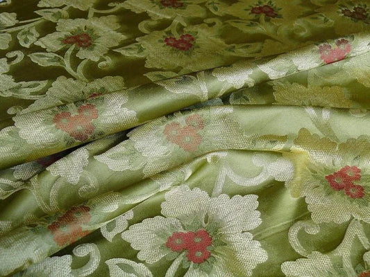 100% Silk Lampas Tri-leaf Flower "quince" Green White Red