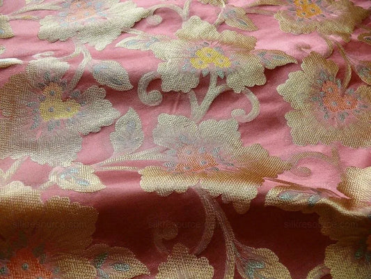 by yard 100% Silk Lampas Tri-leaf Flower "brick" Red Yellow Pink Gold