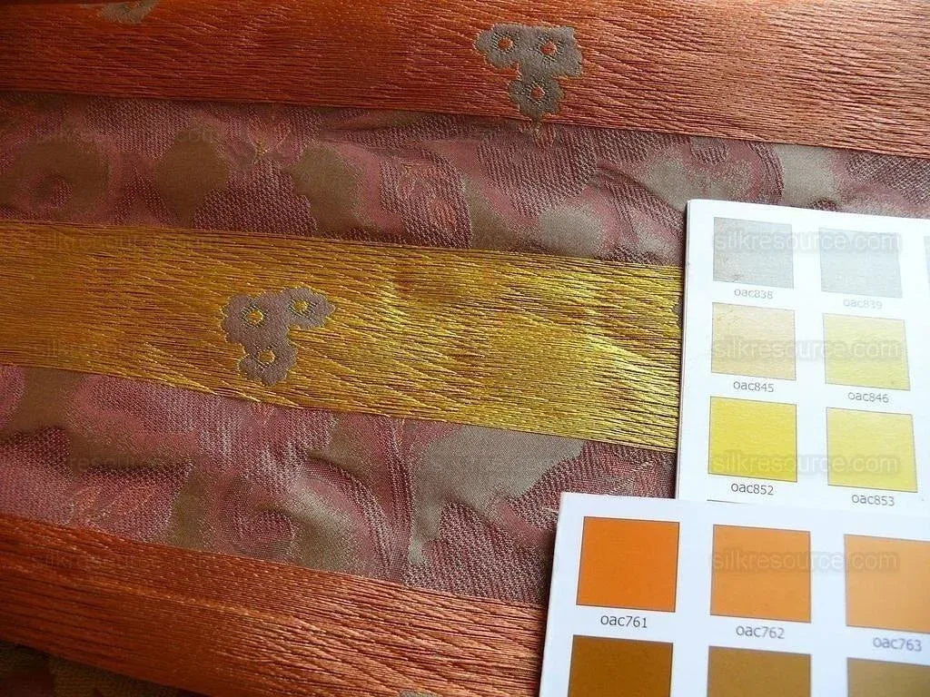 by yard 100% Silk Lampas Tri-leaf Flower "brick" Red Yellow Pink Gold