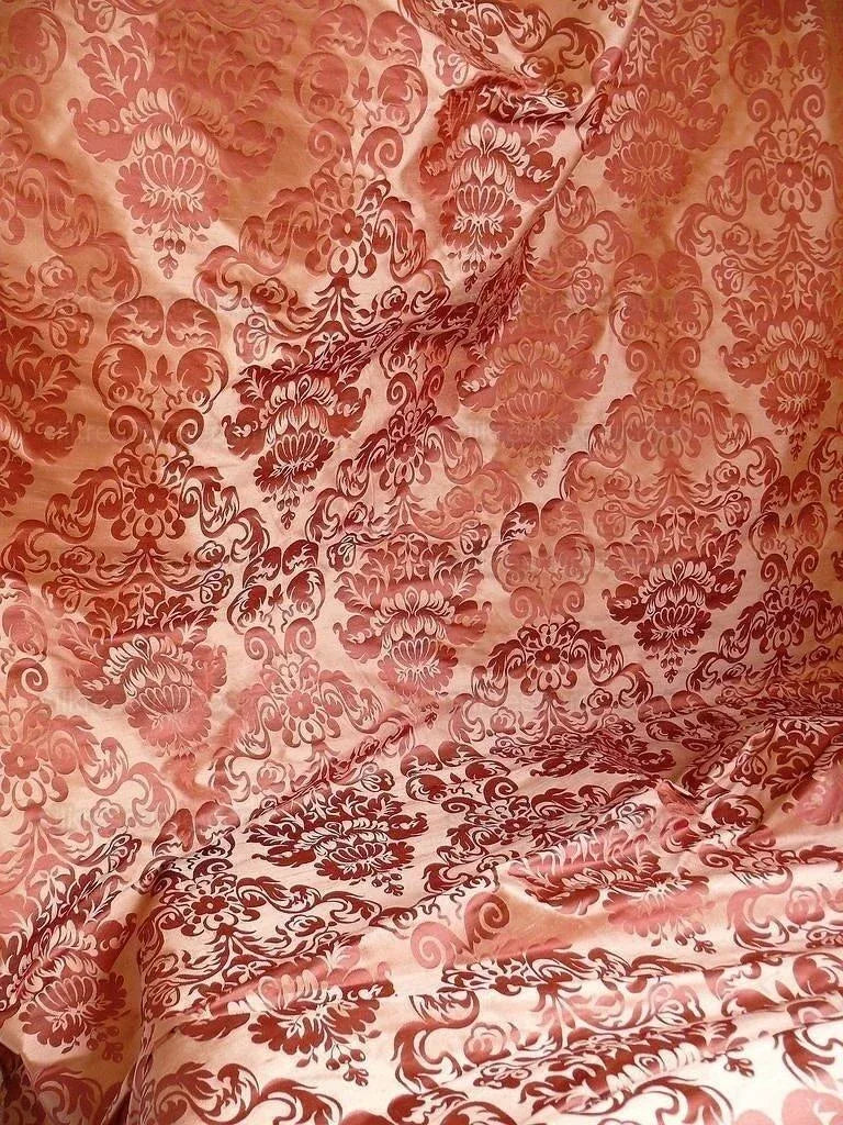 by yard 100% Silk Damask Raw Texture Floral "terarose" Red