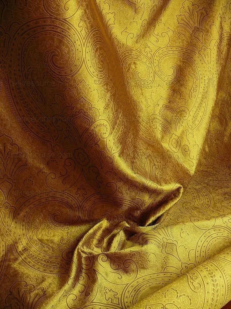 by yard Levant 100% Silk Fine Line Damask Lampas Paisley "tobacco" Brown Green Large Medallion Reversible