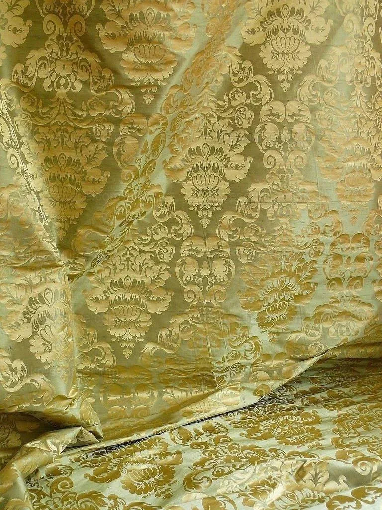 by yard 100% Silk Damask Raw Texture Floral "saxon Green"
