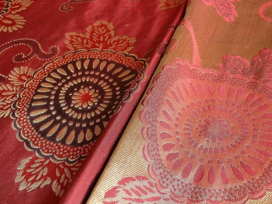 By yard Asian Modern 100% Silk Jacquard Retro Mum "beaujolais" Red Brown Beige