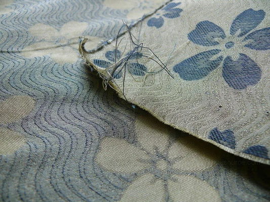 By Yard 100% Silk Damask Cherry Blossom on Creek “Mystic” Blue Ecru Japanese Kimono