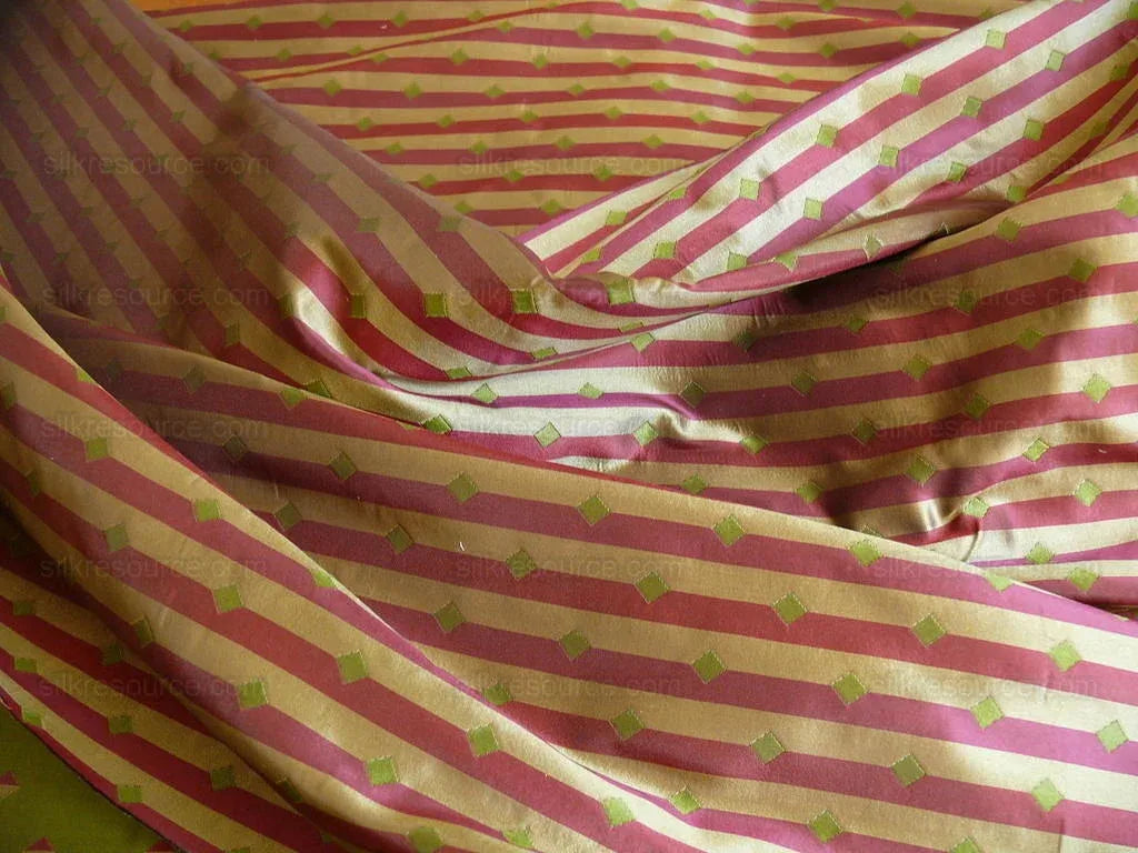 by yard 100% Silk Lampas Diamond Dot "peridot" Green Red Gold Bright Stripe Reversible