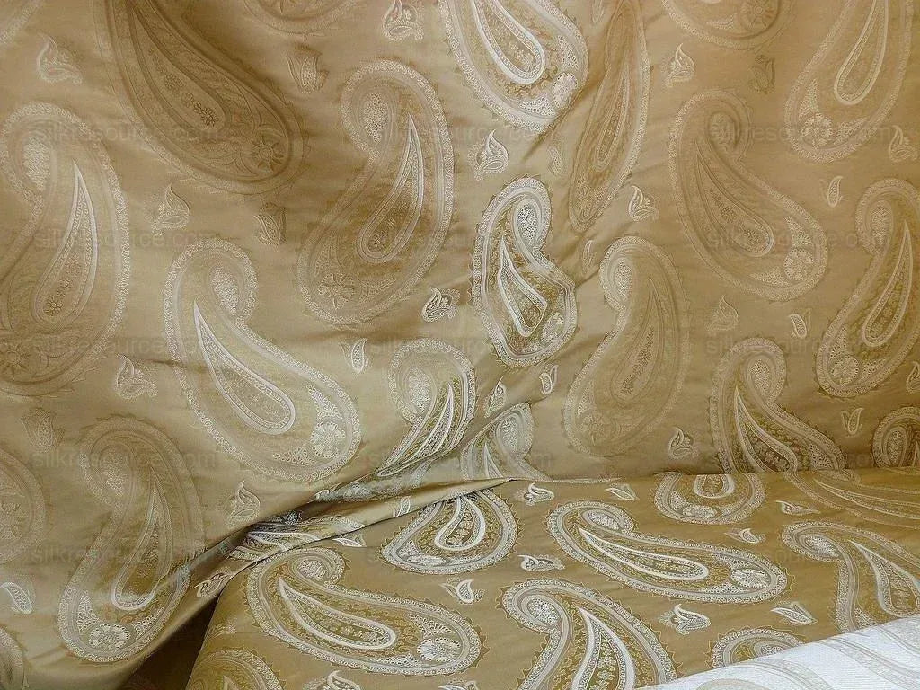 BY Yard Stunning 100% Silk Lampas Jacquard Fire Flame Edged Paisley "flax" Ecru Cream Pale Gold White