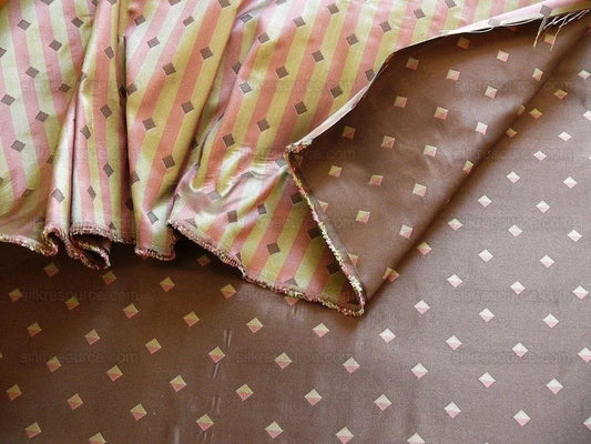 100% Silk Lampas Diamond Dot "chocolate" Brown Red Green Stripe Reversible