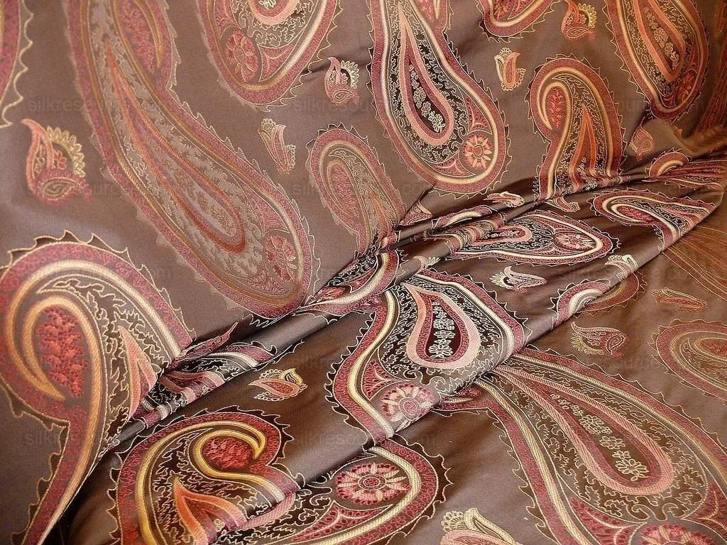BY Yard Stunning 100% Silk Lampas Jacquard Fire Flame Edged Paisley "coffee" Brown Red Gold