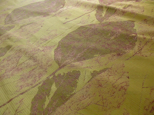 by yard High end 100% Silk Lampas Withered Leaf Birch Forest "tequila" Green Red