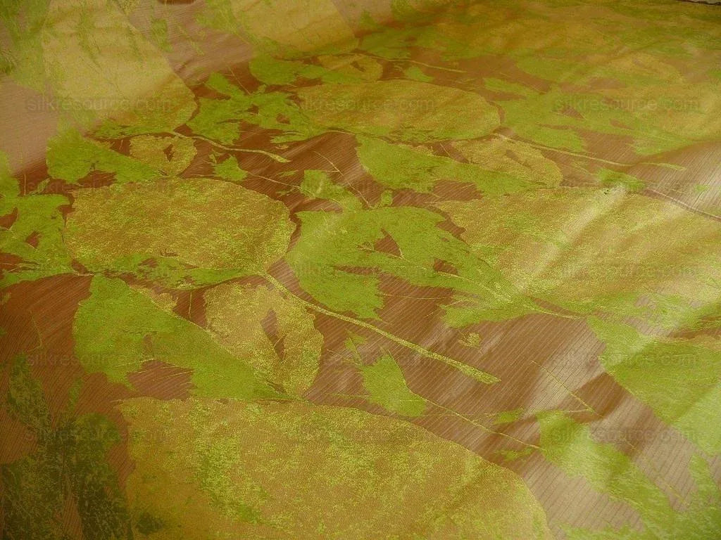 by yard High end 100% Silk Lampas Withered Leaf Birch Forest "tequila" Green Red