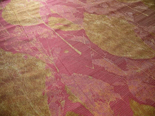 By yard High end 100% Silk Lampas Withered Leaf Birch Forest "fiesta" Red Rose Gold