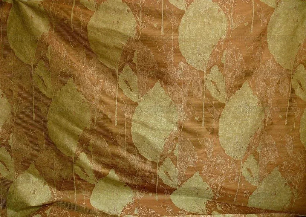 by yard High end 100% Silk Lampas Withered Leaf Birch Forest "coin" Green Brown