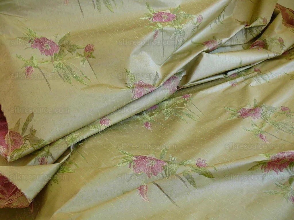 by yard Heavy Silk Lampas Peony Buds In Golden Drizzle Pink Carmine