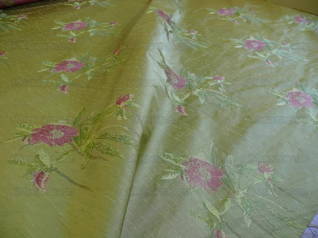 by yard Heavy Silk Lampas Peony Buds In Golden Drizzle Pink "chartreuse"