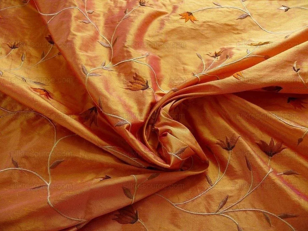 BY yard 100% Silk Embroidery Vine Bright Orange W Rose Shot