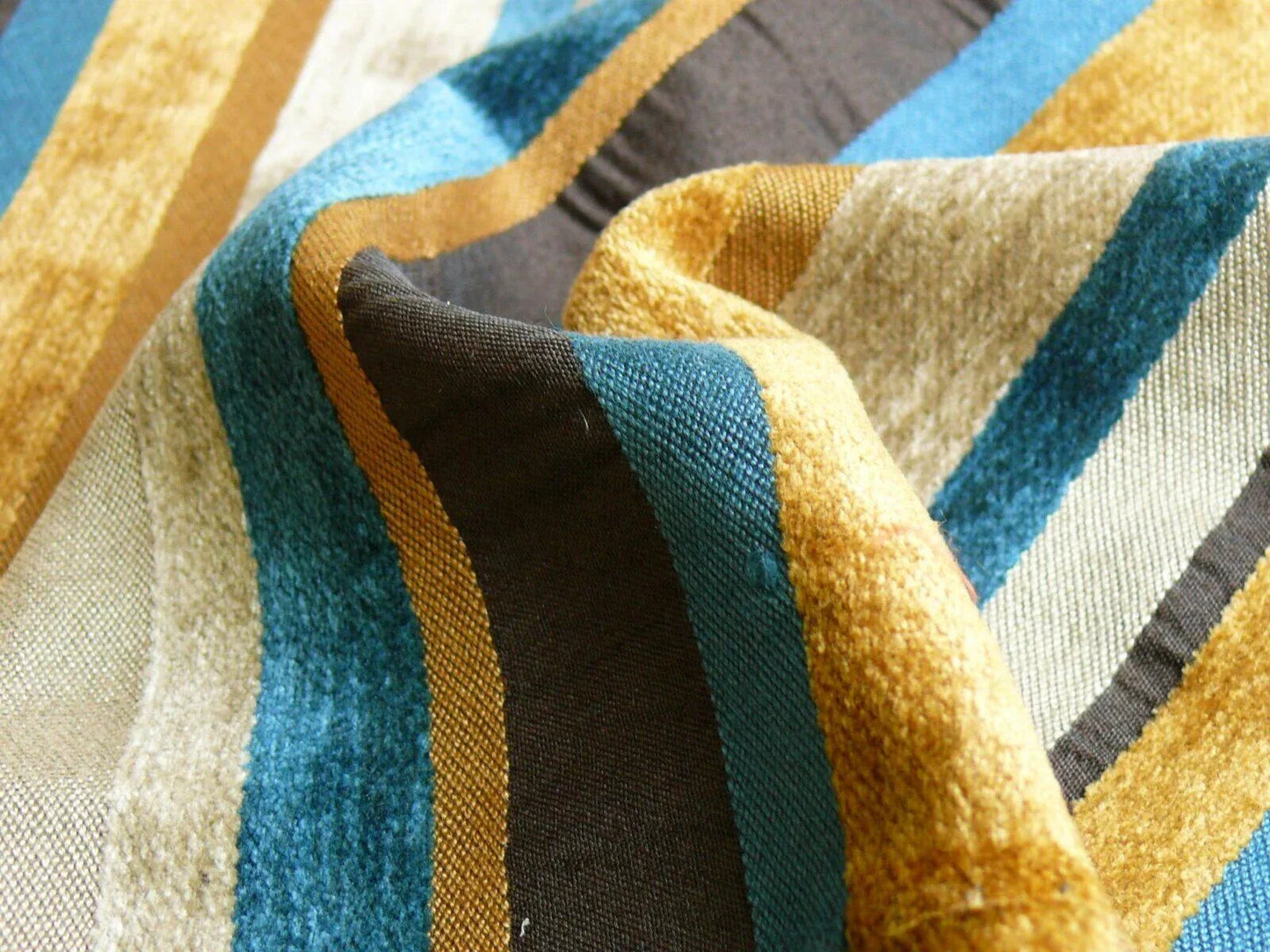 Designer Turquoise Blue Gold Black Chenille Horizontal Stripe #404a