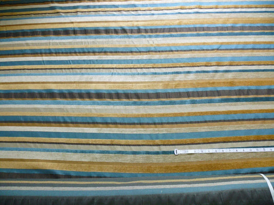 Designer Turquoise Blue Gold Black Chenille Horizontal Stripe #404a